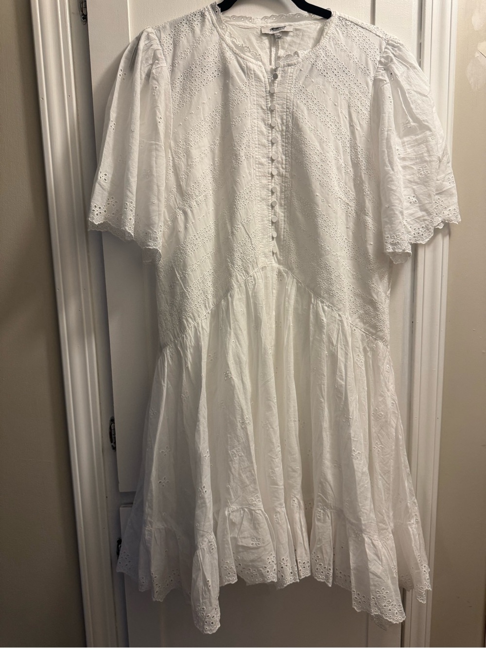 Madewell Eyelet Flutter Sleeve Mini Dress in Cotton white cottage core lace